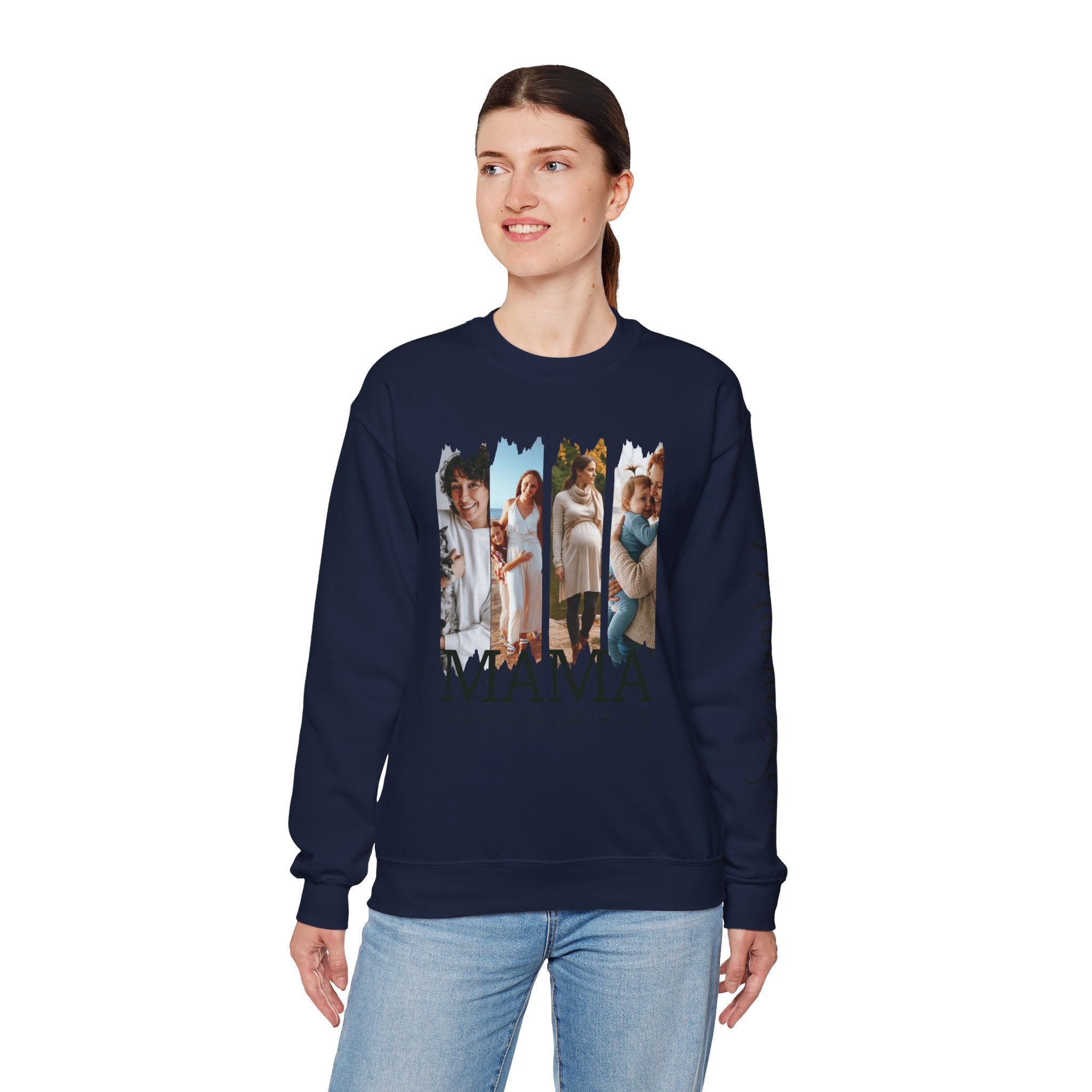 Mama Photo Collage Sweatshirt — "MAMA: clothed in strength & dignity" Sleeve Script