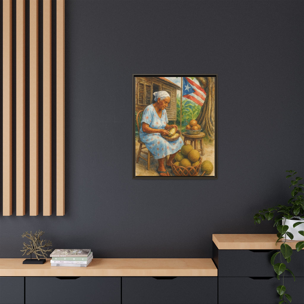 Cultural & Story-Driven These Puerto Rico inspired  Framed Matte Canvas Print  Woman Shelling Fruit Vintage Tropical Painting