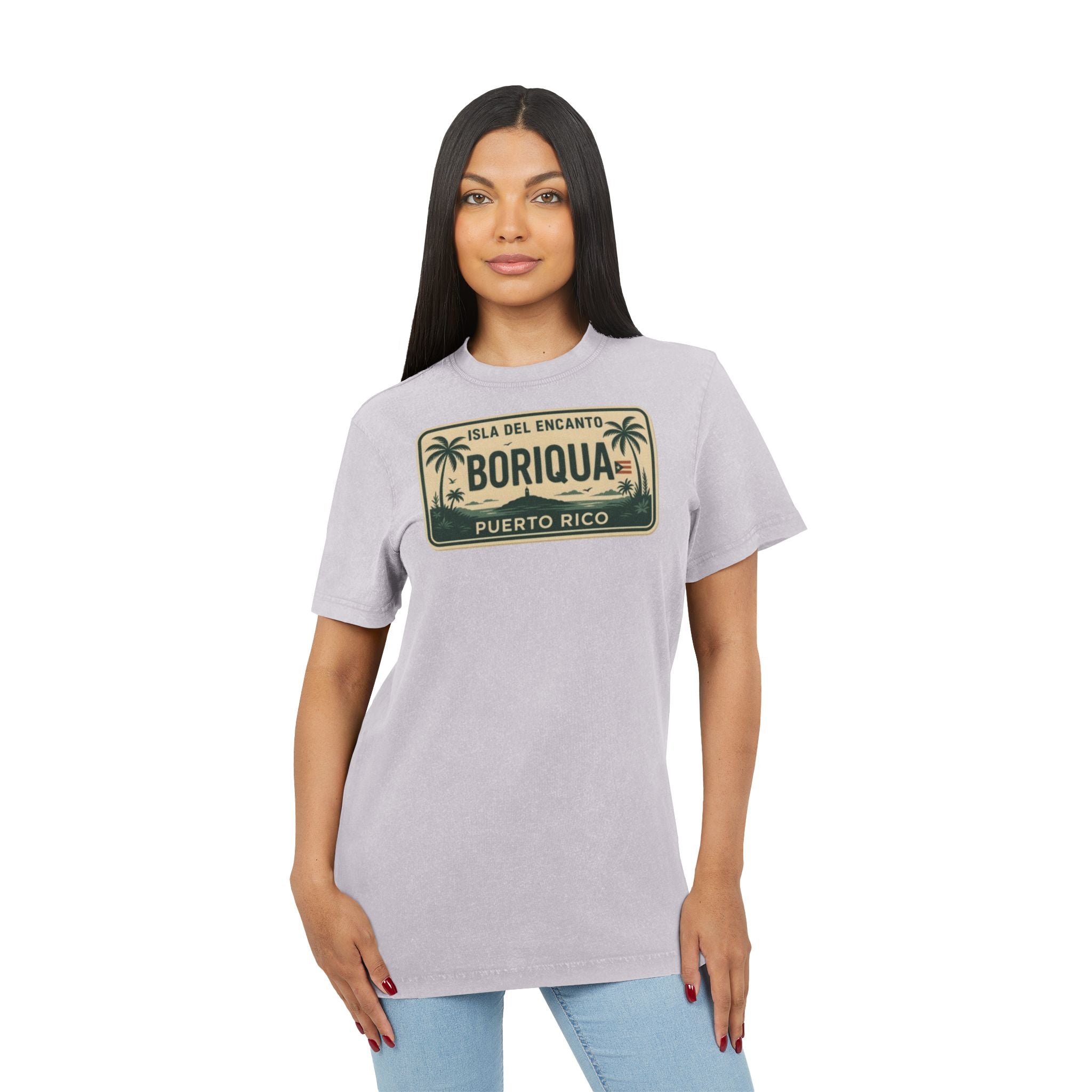 Boriqua Puerto Rico Vintage Acid-Wash Tee  Isla del Encanto License Plate Design