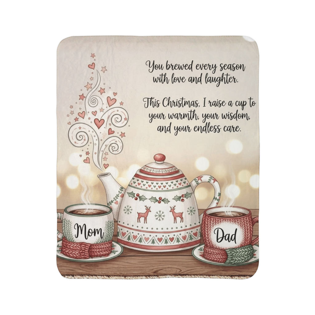 Christmas Tea Tribute Fleece Sherpa Blanket  "Mom" & "Dad" Cozy Holiday Message Holiday Christmas Blanket,