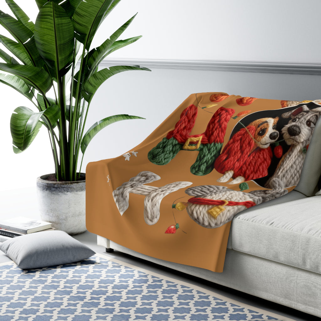 Holiday 'Ho Ho Ho' Sherpa Blanket with Cute Knit Puppy Design Santa’s Little Snuggle Blanket