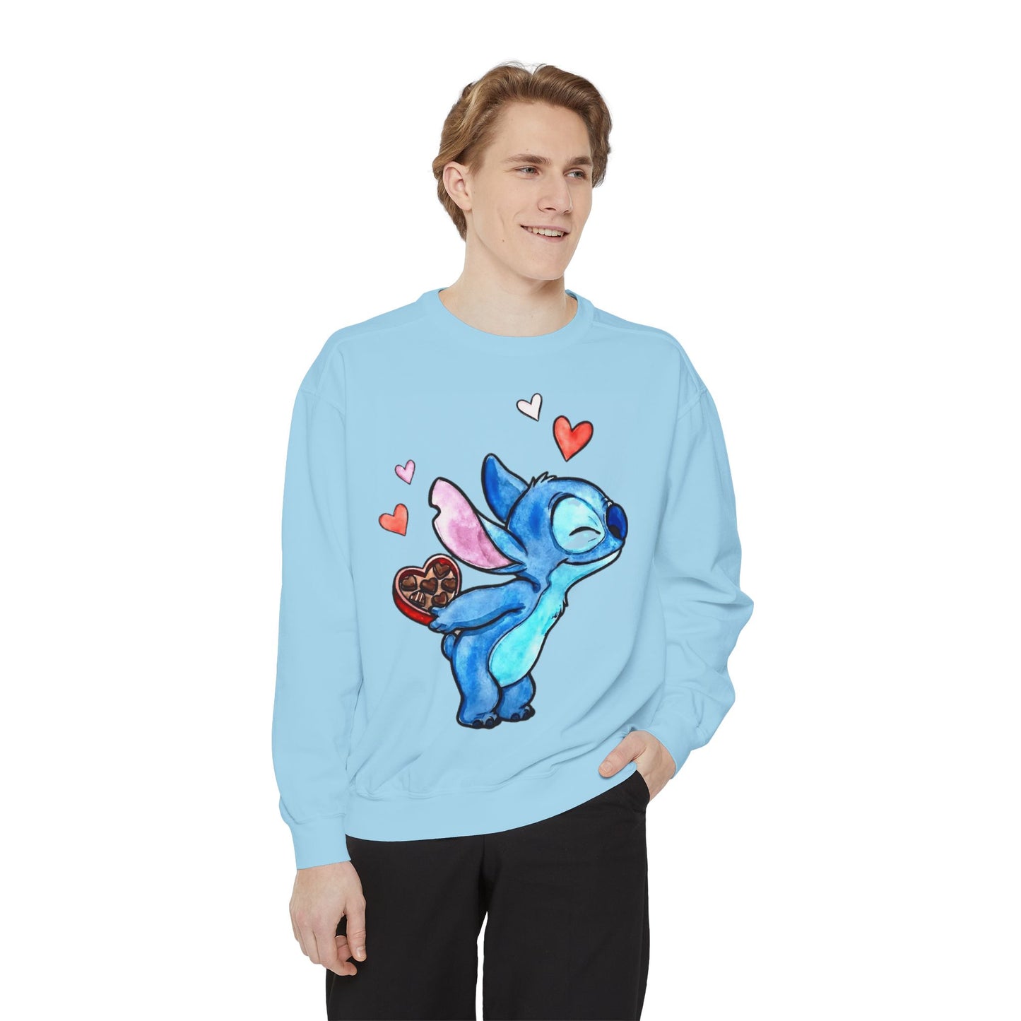 Stitch Valentine Sweatshirt — Cute Blue Alien with Hearts & Chocolate Pocket