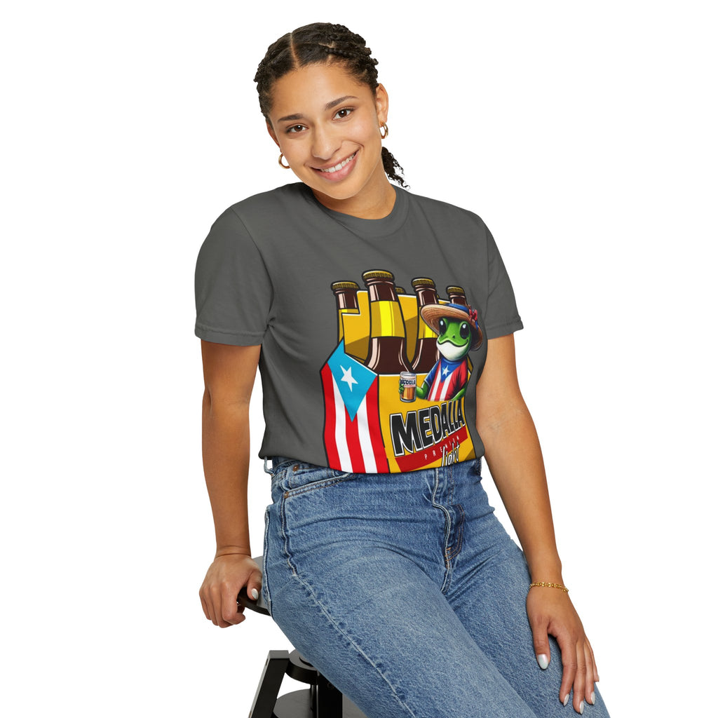 Medalla Light Puerto Rican Beer T-Shirt Coqui Frog Mascot Six-Pack Graphic Tee Puerto Rico’s Navidades