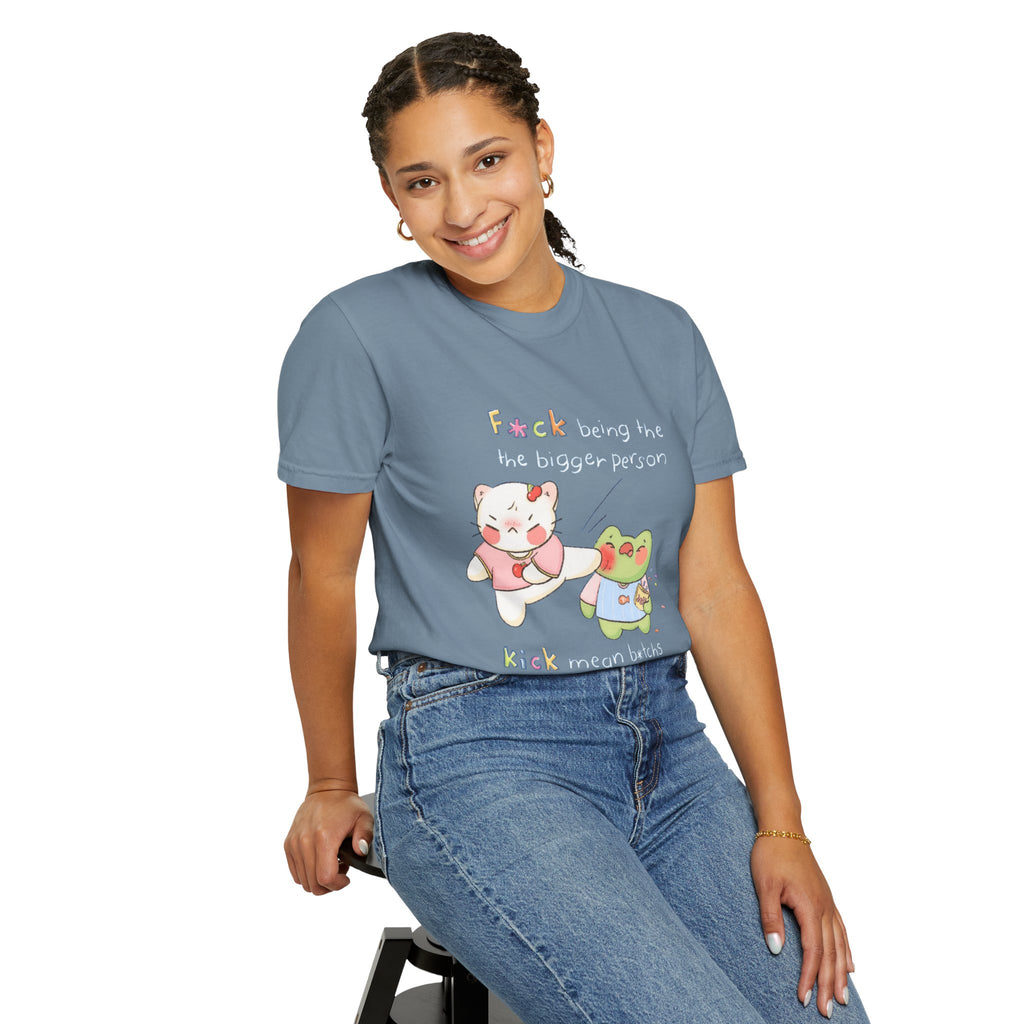 Graphic T-Shirt  Cute Kicking Cat & Frog with 'F*ck Being The Bigger Person' Slogan