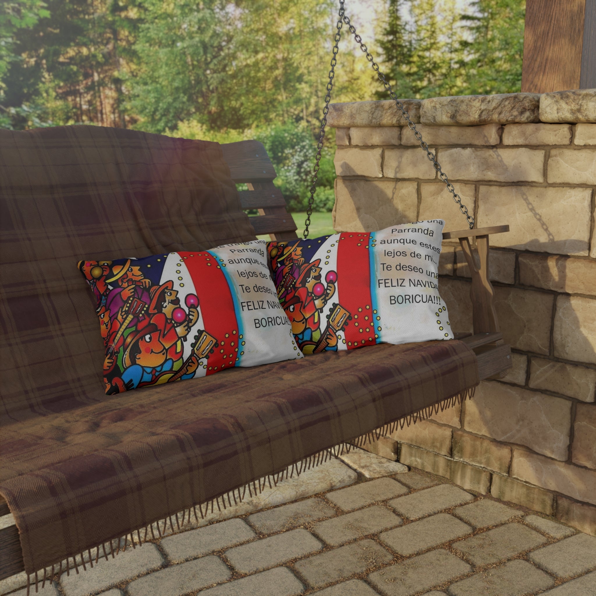 Puerto Rican Christmas Outdoor Pillow — "Te traigo una Parranda" Festive Boricua Holiday Decor
