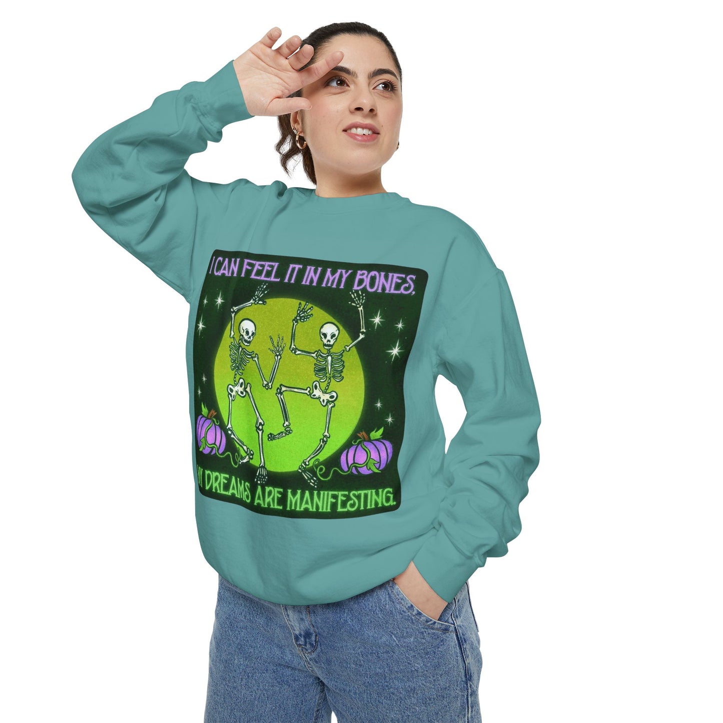 Spooky Manifesting Sweatshirt, Unisex Skeleton Pullover, Halloween Apparel, Cozy Fall Fashion, Casual Trendy Top, Unique Gift