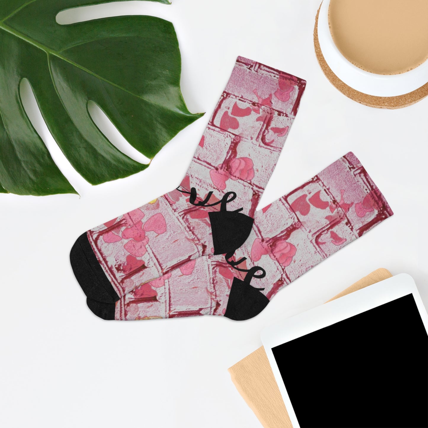 Pink Heart Brick Wall Socks  'Love' Graphic Recycled Polyester Crew Socks