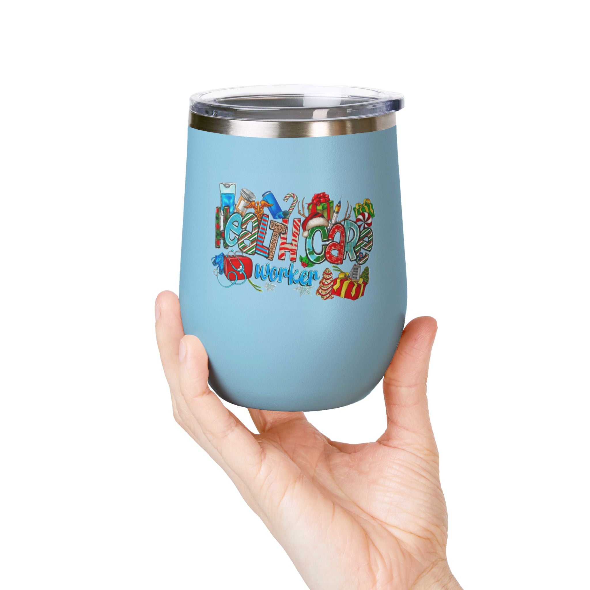 Healthcare Worker 12oz Wine Tumbler — Colorful Holiday Medical Staff Gift Medical Christmas Mug