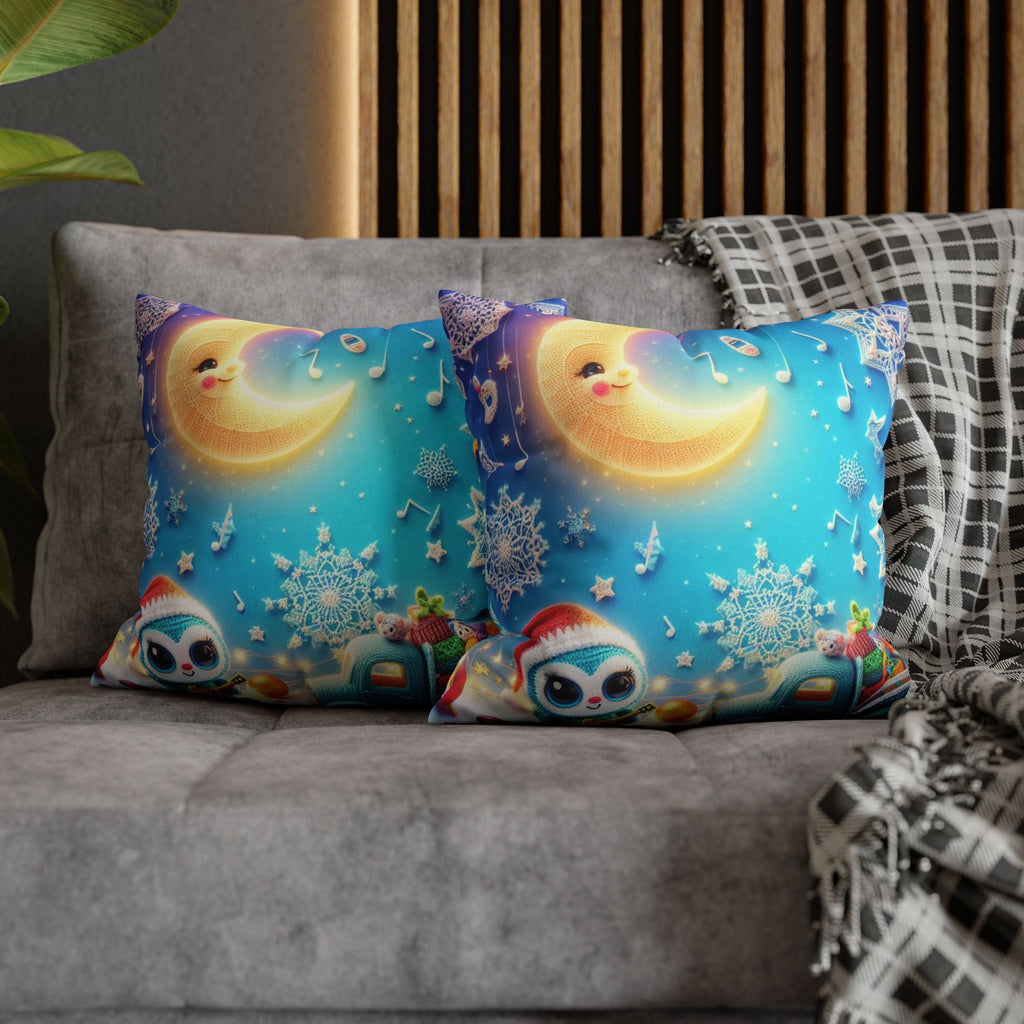 Whimsical Moon & Penguin Holiday Pillowcase  Faux Suede Square Throw Pillow