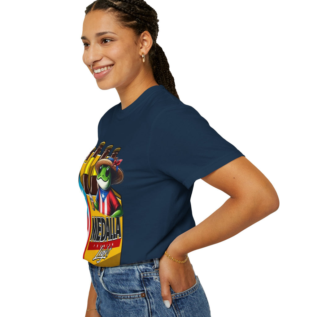 Medalla Light Puerto Rican Beer T-Shirt Coqui Frog Mascot Six-Pack Graphic Tee Puerto Rico’s Navidades