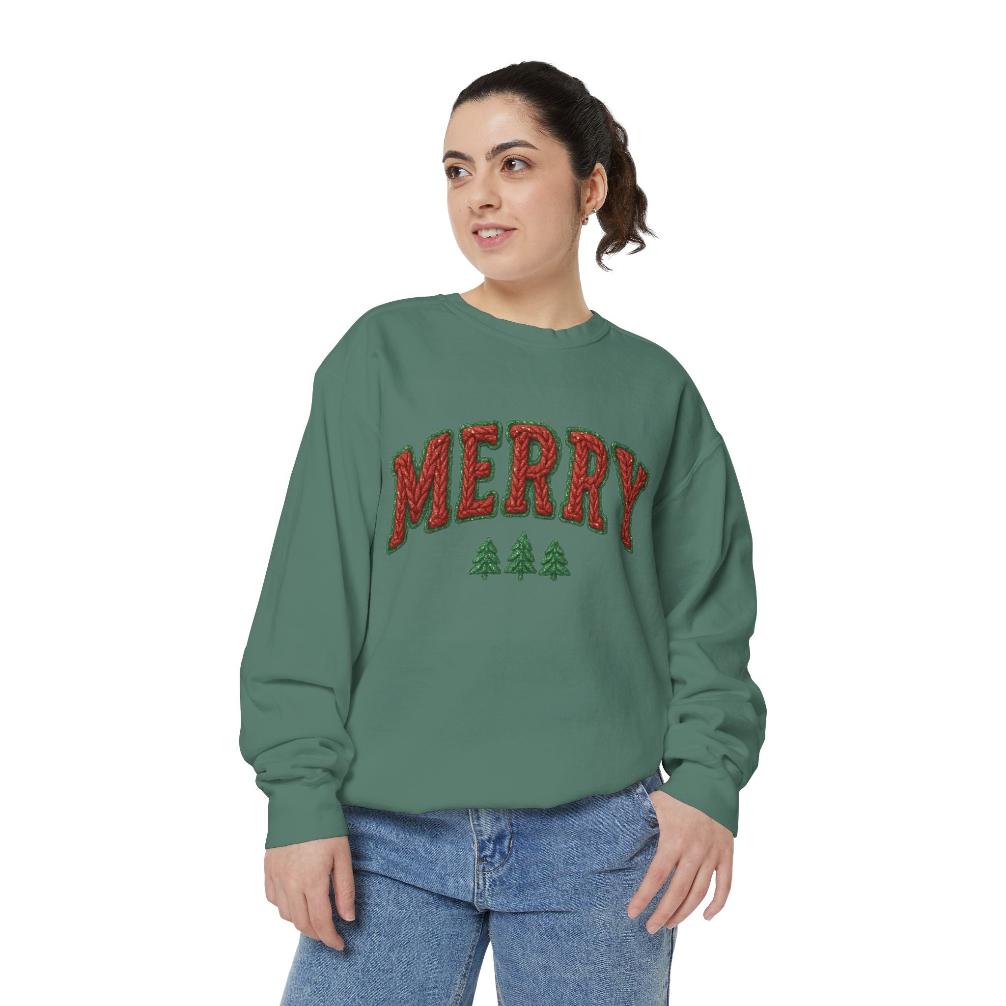 Merry Holiday Sweatshirt — Cozy Christmas Pullover with Tree Graphics Festive Holiday Designs