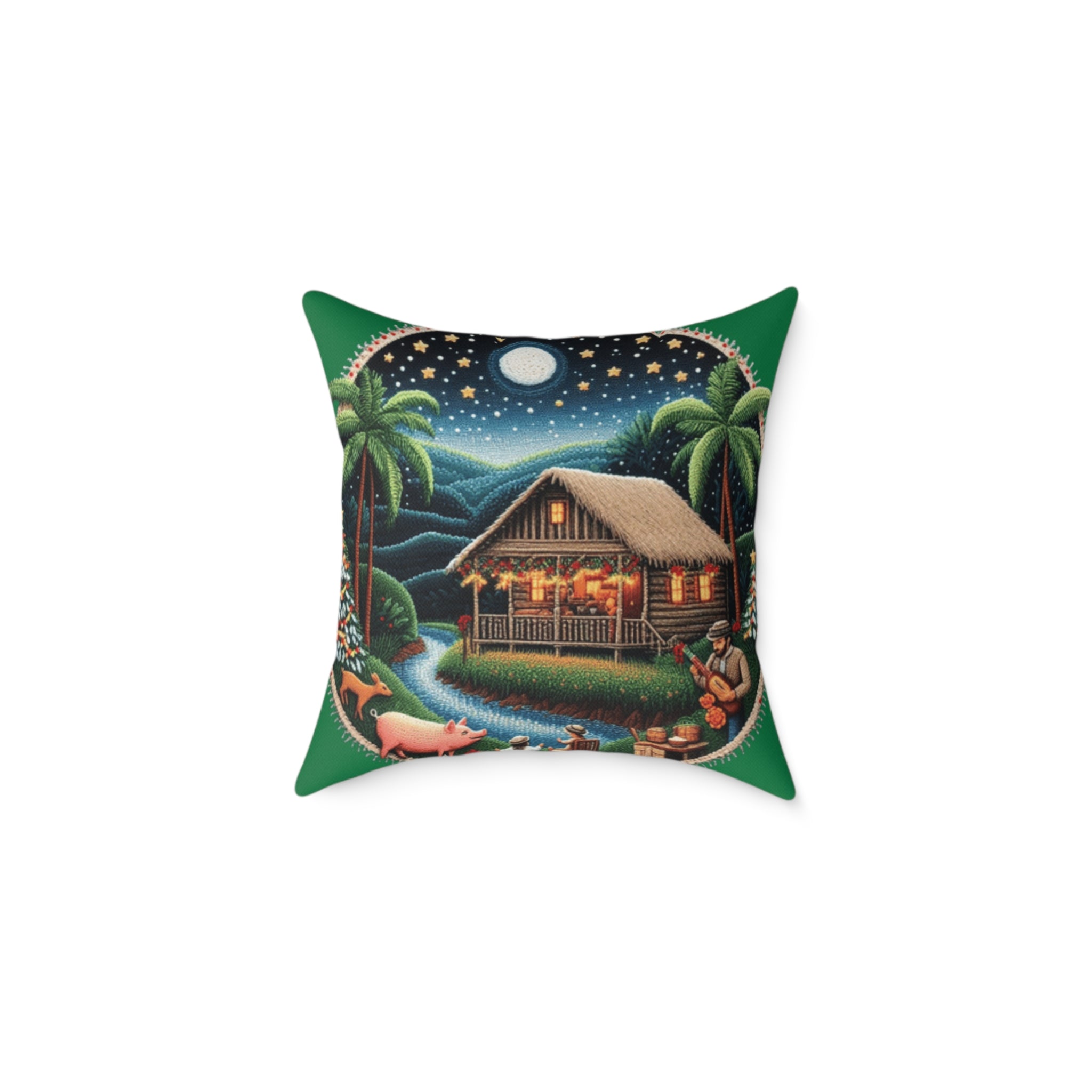 Island Night Cottage Pillow  Tropical Moonlit Cabin Throw Pillow Puerto Rico Culture Pillow