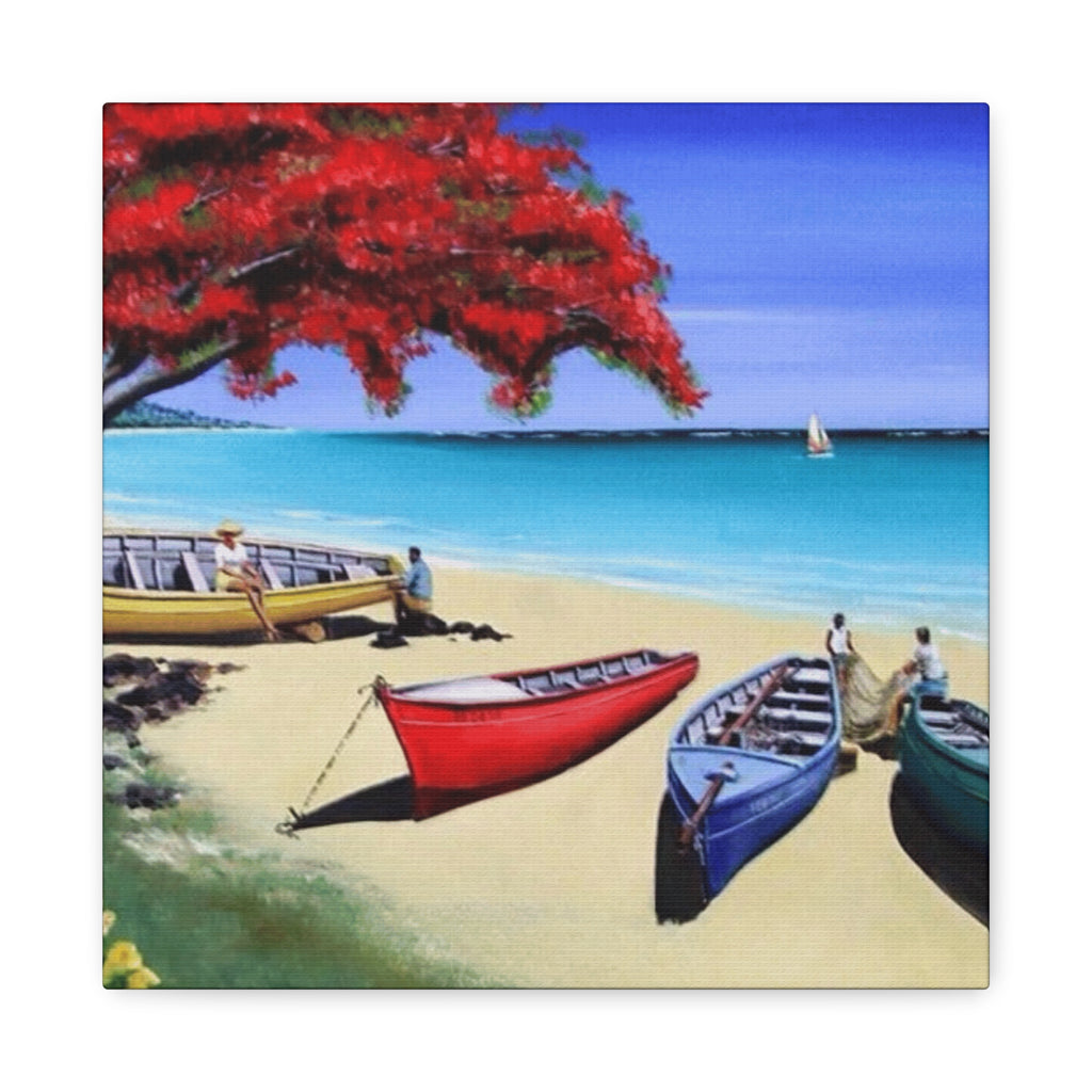Beach Canoes Canvas Wall Art Tropical Seaside Landscape Matte Stretched Canvas