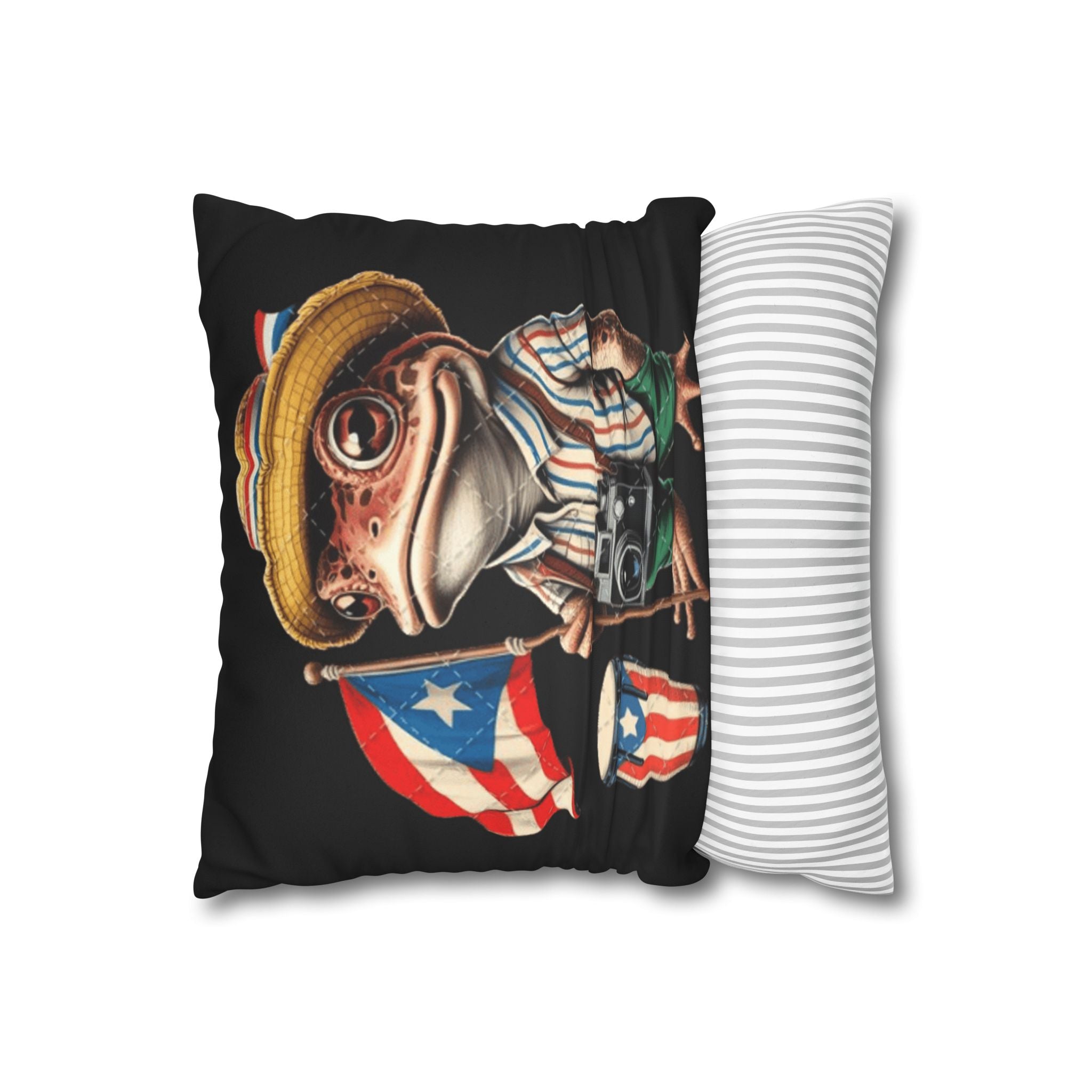 Puerto Rican Flag Frog Faux Suede Pillowcase  Tourist Toad Camera Design Puerto Rico Culture Pillow