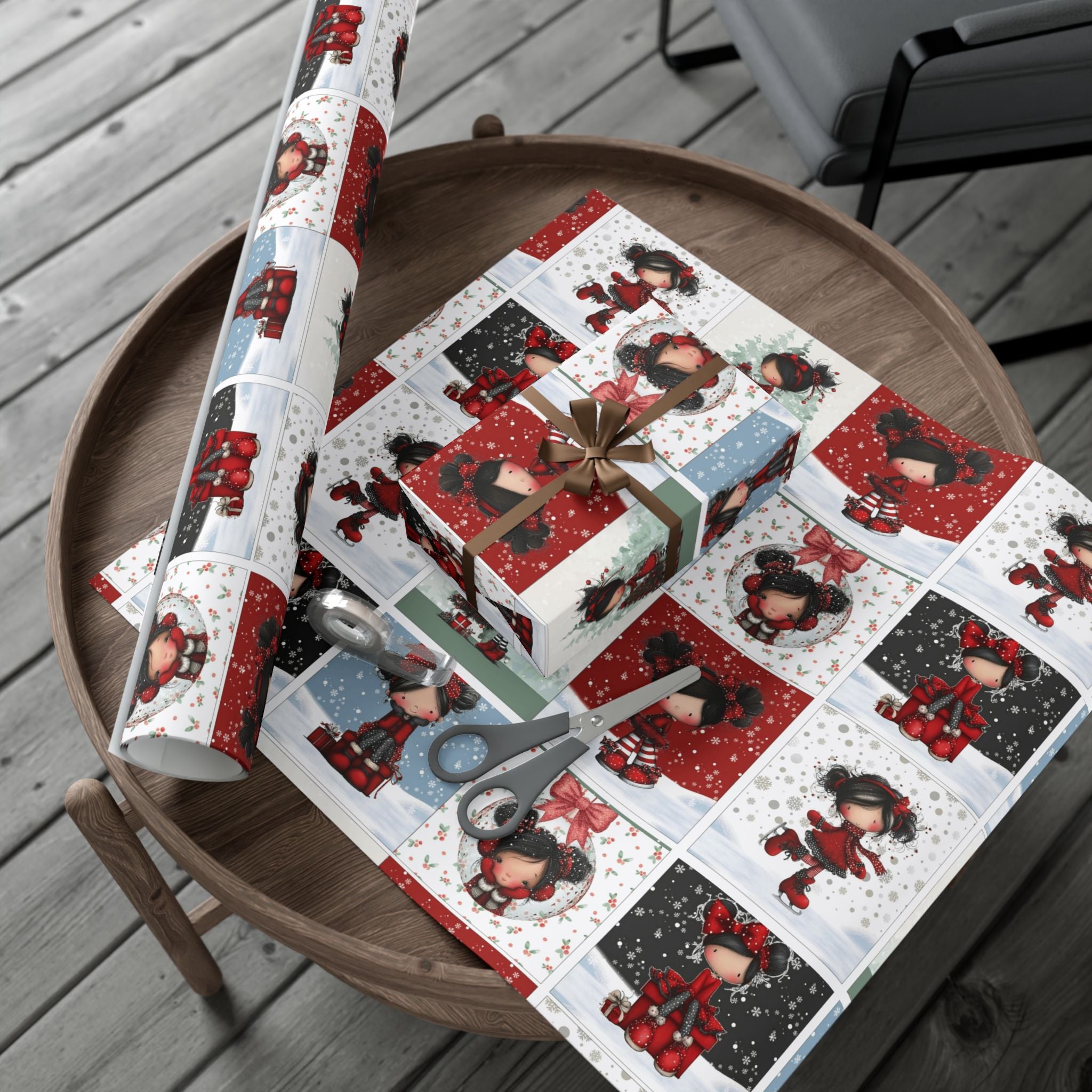 Festive Wrapping Paper Gift Wrap Papers - Cute Holiday Girl Patterned Wrapping Paper Rolls (Snow, Red Bows)