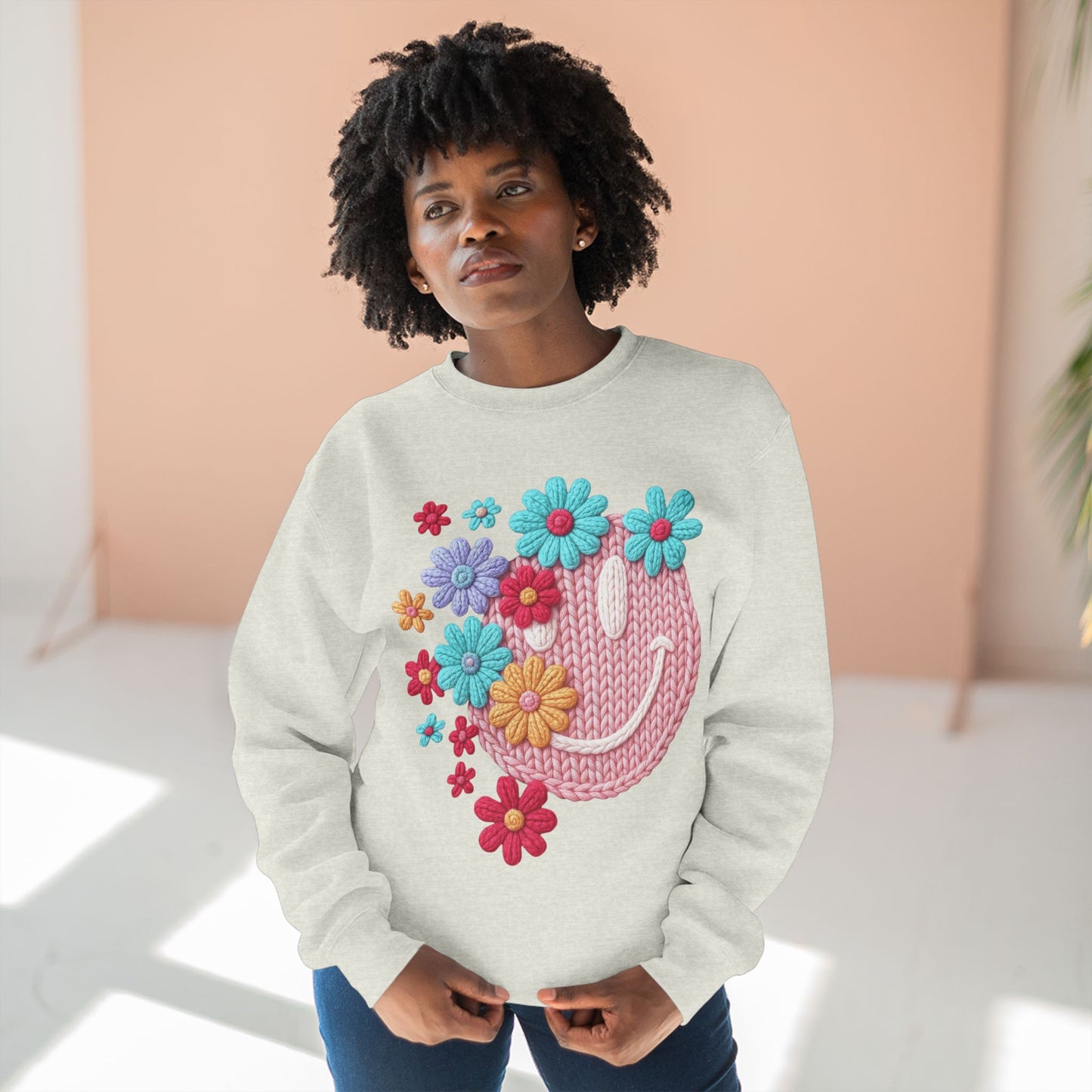 Floral Knit Smile Sweatshirt Cozy, Unbothered