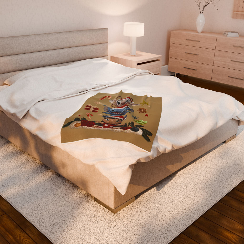 Winter Wonderland Cartoon Fleece Blanket Holiday Character Stack Velveteen Blanket Cute Christmas Stitch, Elf & Reindeer Plush Design