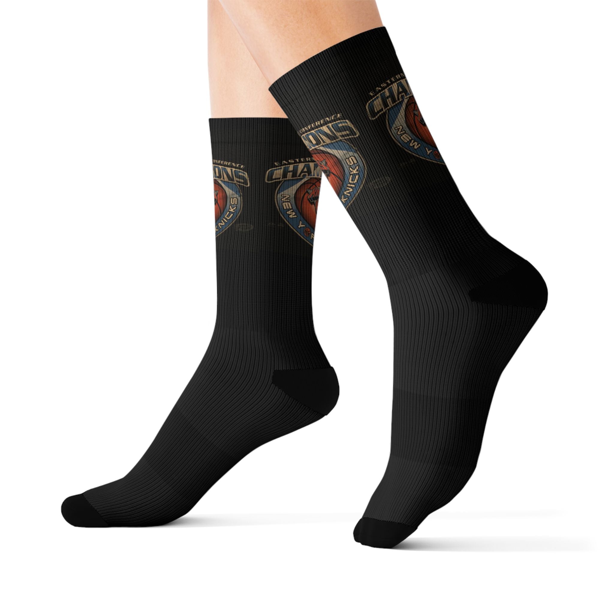 NY*K Basketball Black Sublimation Crew Socks with Vintage Motorcycle Badge Design