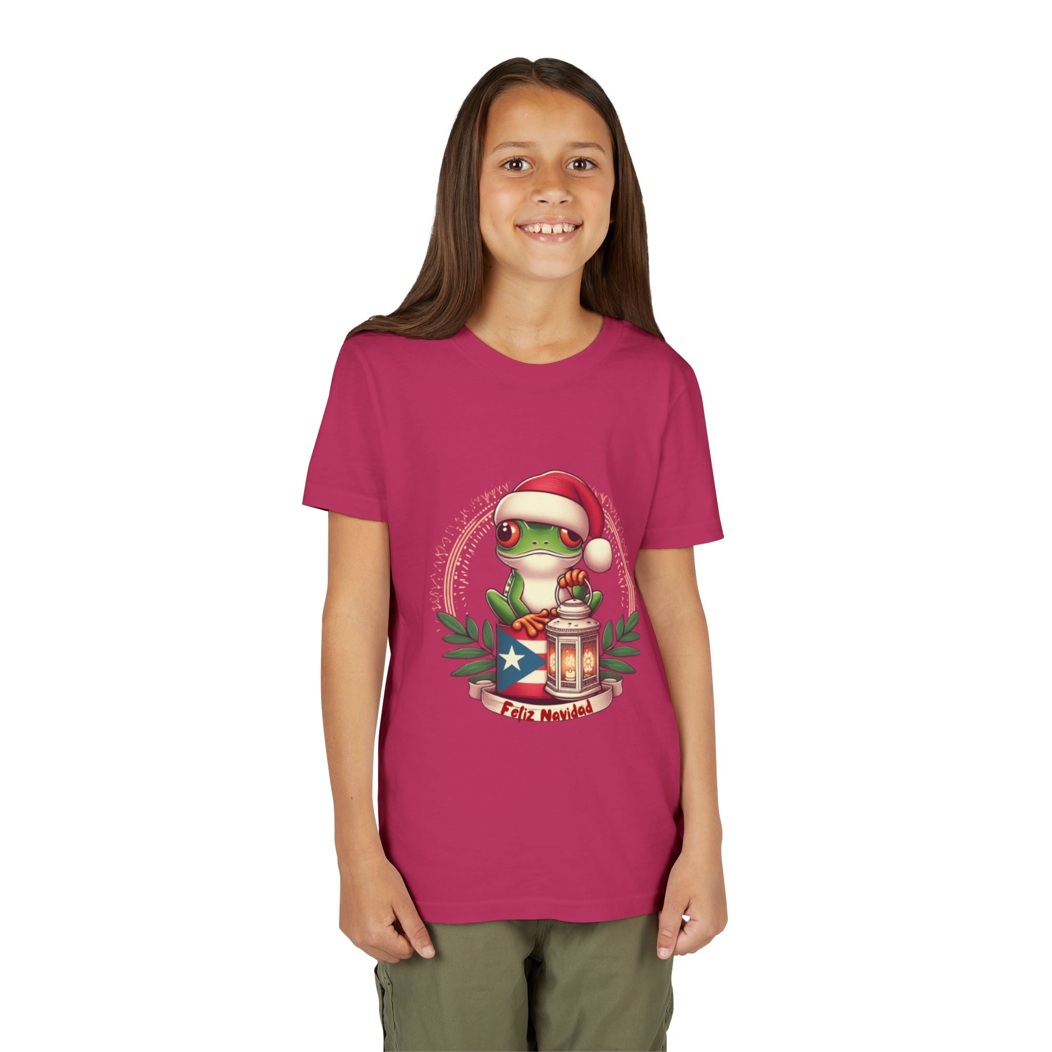 Kids Tee Cute Frog with Puerto Rican Flag & Lantern (Feliz Navidad)