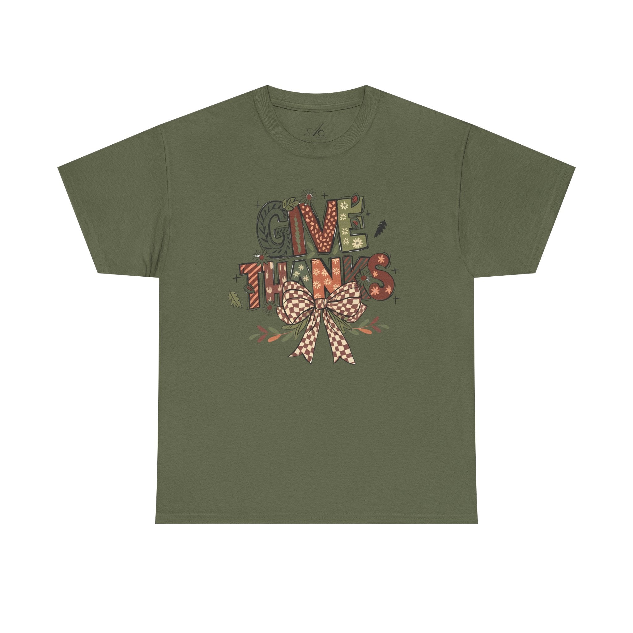 Give Thanks Tee Thanksgiving Graphic T-Shirt with Rustic Bow Design