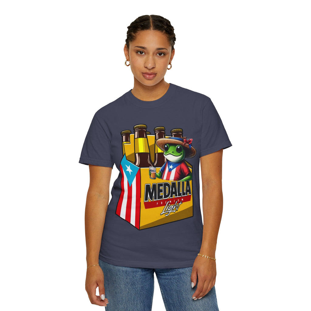 Medalla Light Puerto Rican Beer T-Shirt Coqui Frog Mascot Six-Pack Graphic Tee Puerto Rico’s Navidades