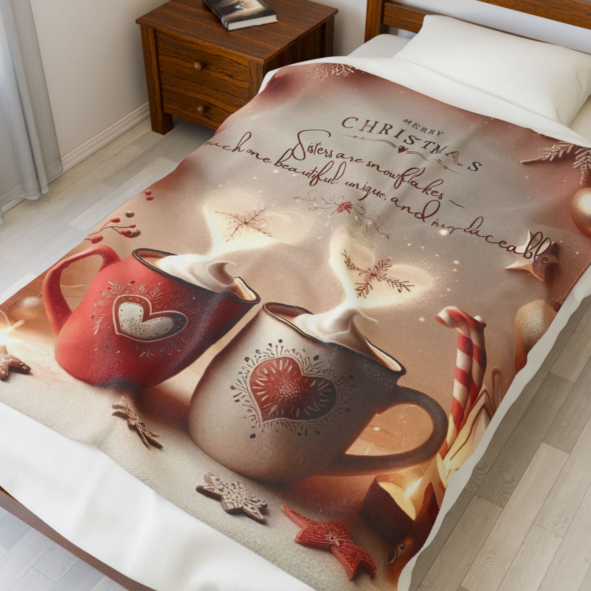 Christmas Hot Cocoa Velveteen Plush Blanket — "Merry Christmas: Sisters are snowflakes" Holiday Throw