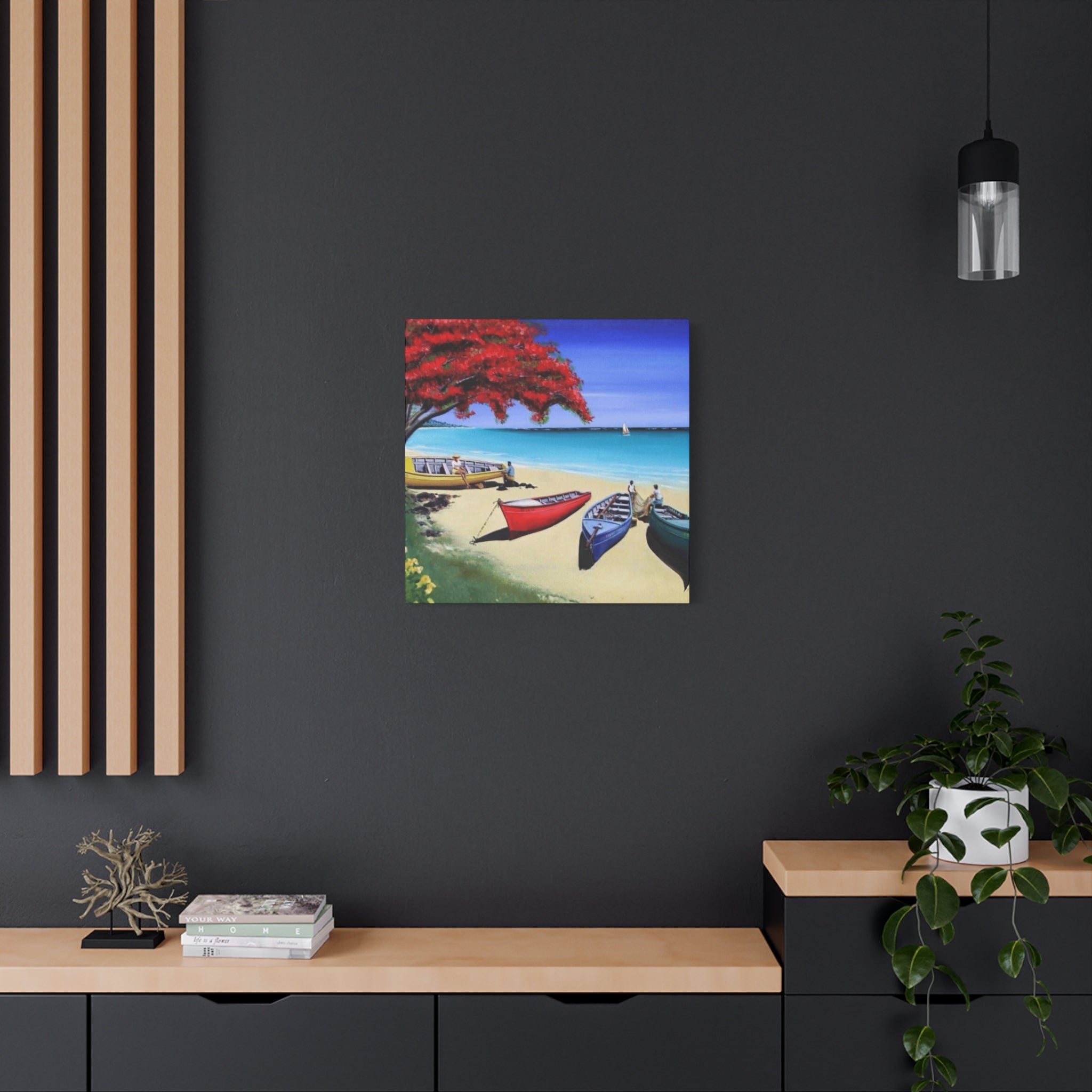Beach Canoes Canvas Wall Art Tropical Seaside Landscape Matte Stretched Canvas