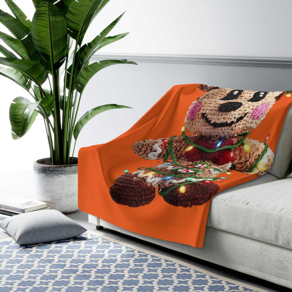 Cozy Crochet Mouse Holiday Sherpa Blanket — Cute Gingerbread Toy Wrapped in Christmas Lights