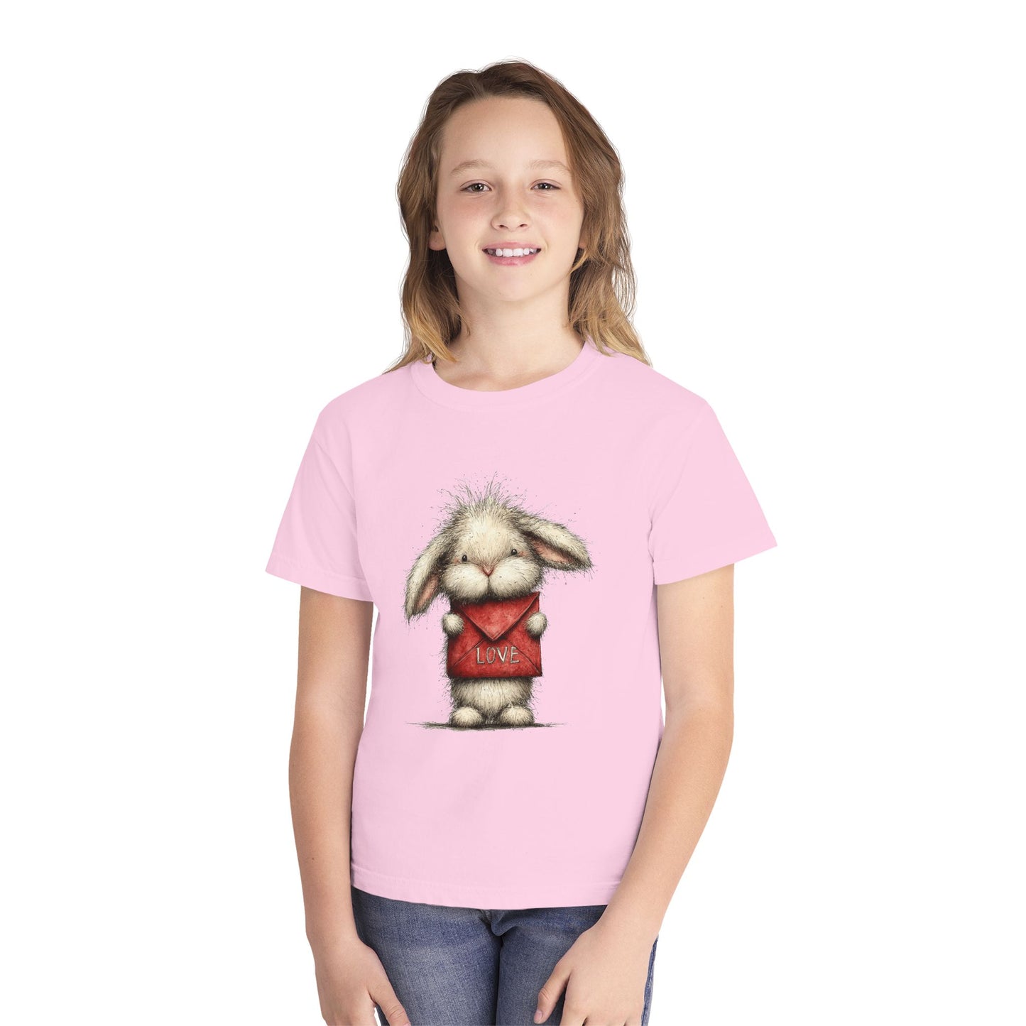 Kids Tee  Cute Bunny Holding "Love" Heart Graphic (Youth Midweight)