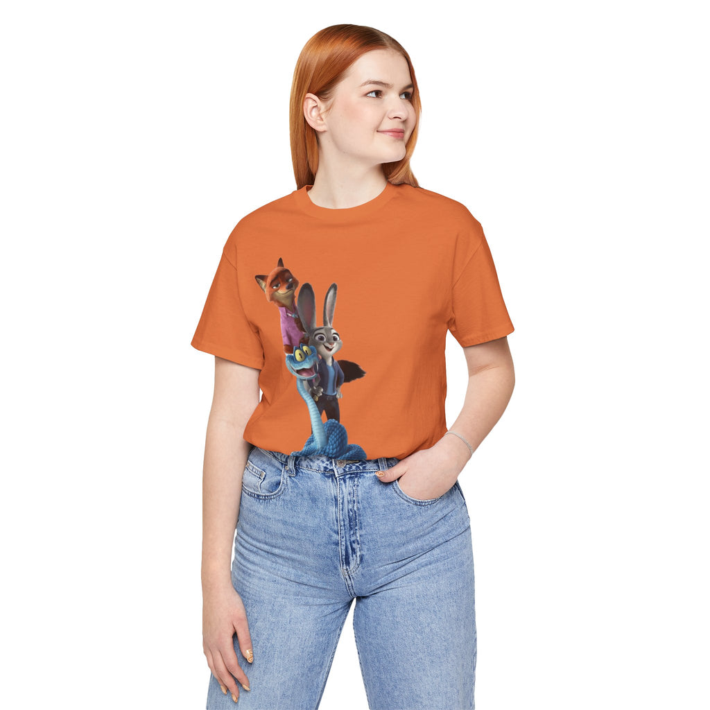 Animated Character Tee — Cute Fox & Bunny Stack Graphic T-Shirt  cartoon-style Christmas artwork