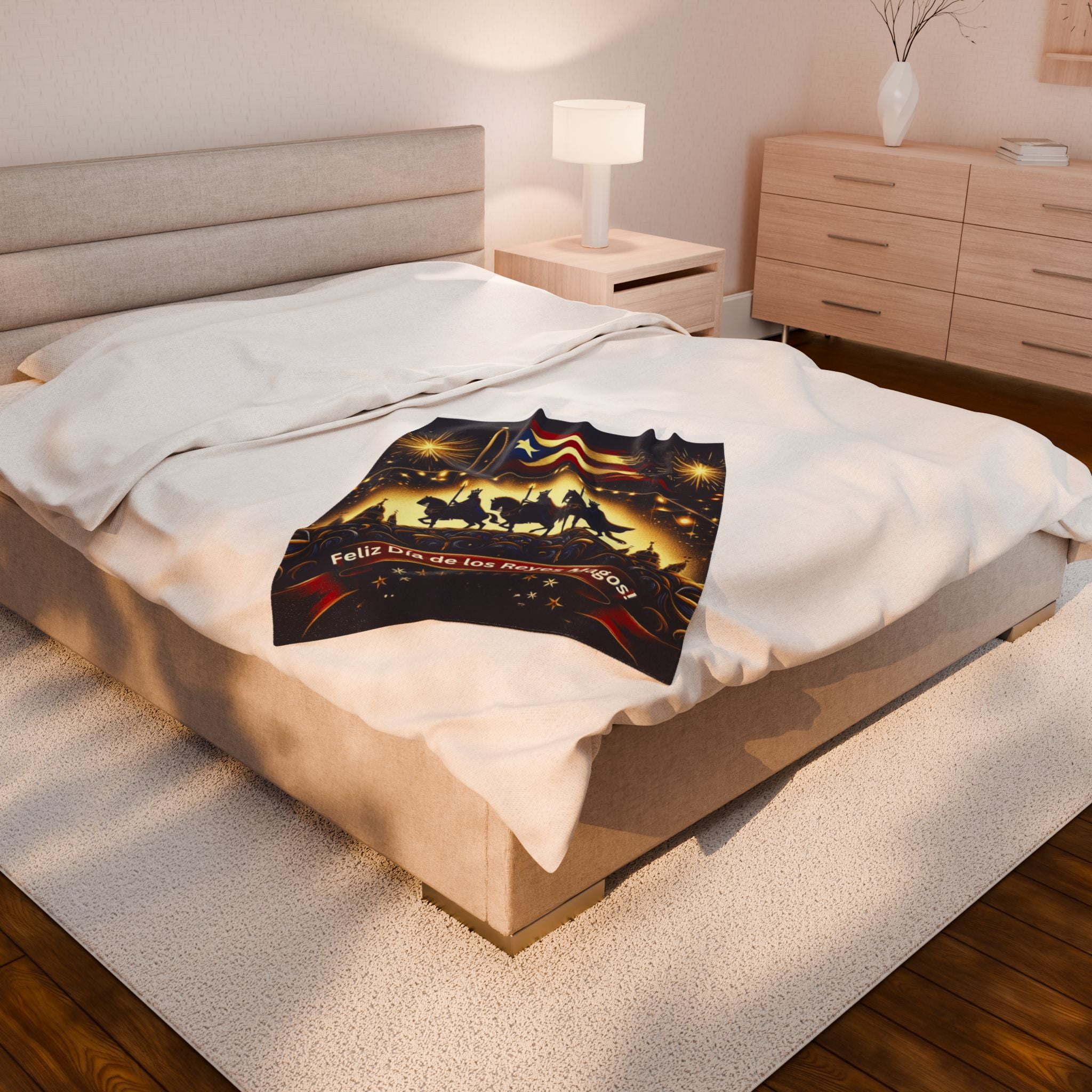 Velveteen Plush Blanket  Feliz Día de los Reyes Magos Puerto Rico Flag Holiday Throw