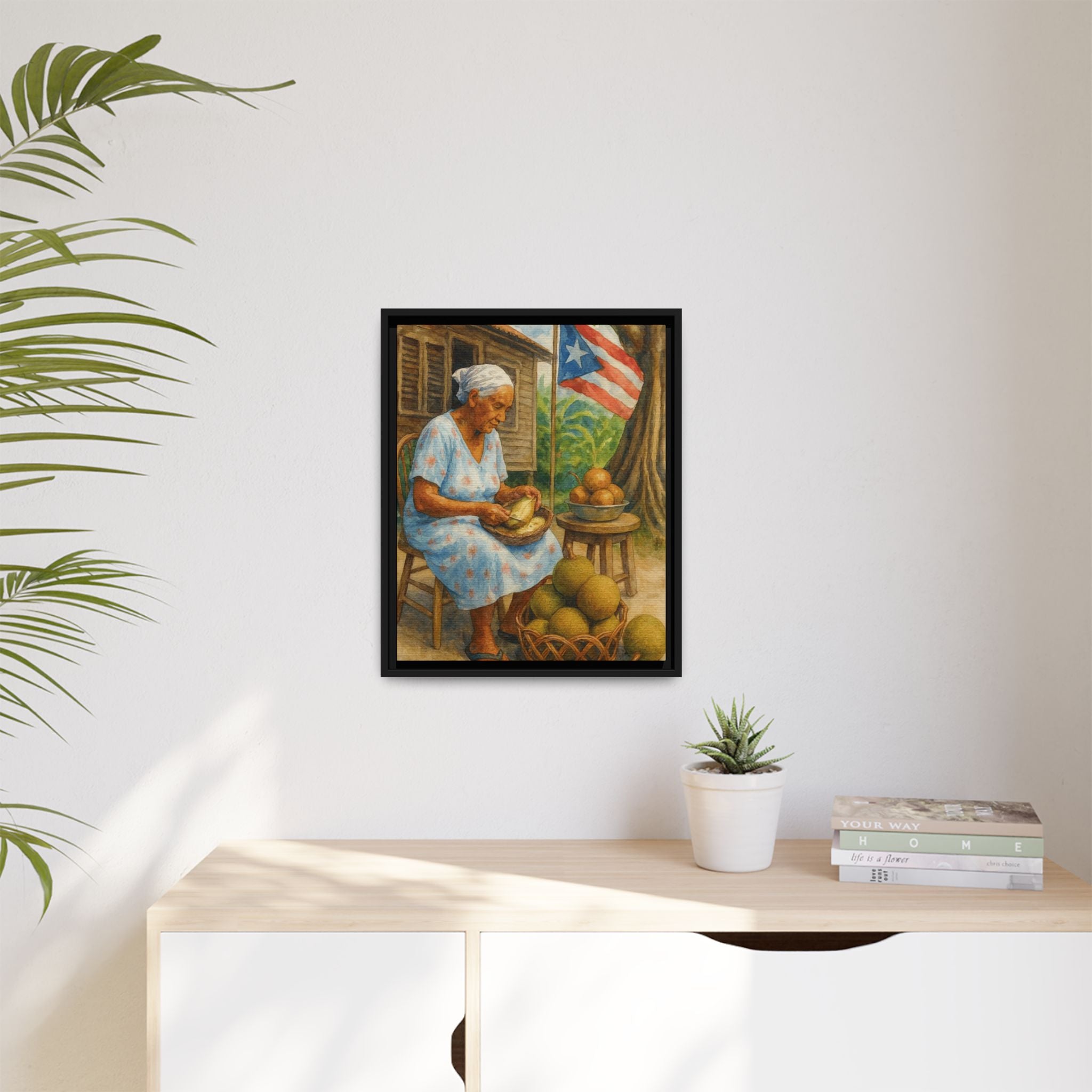 Cultural & Story-Driven These Puerto Rico inspired  Framed Matte Canvas Print  Woman Shelling Fruit Vintage Tropical Painting