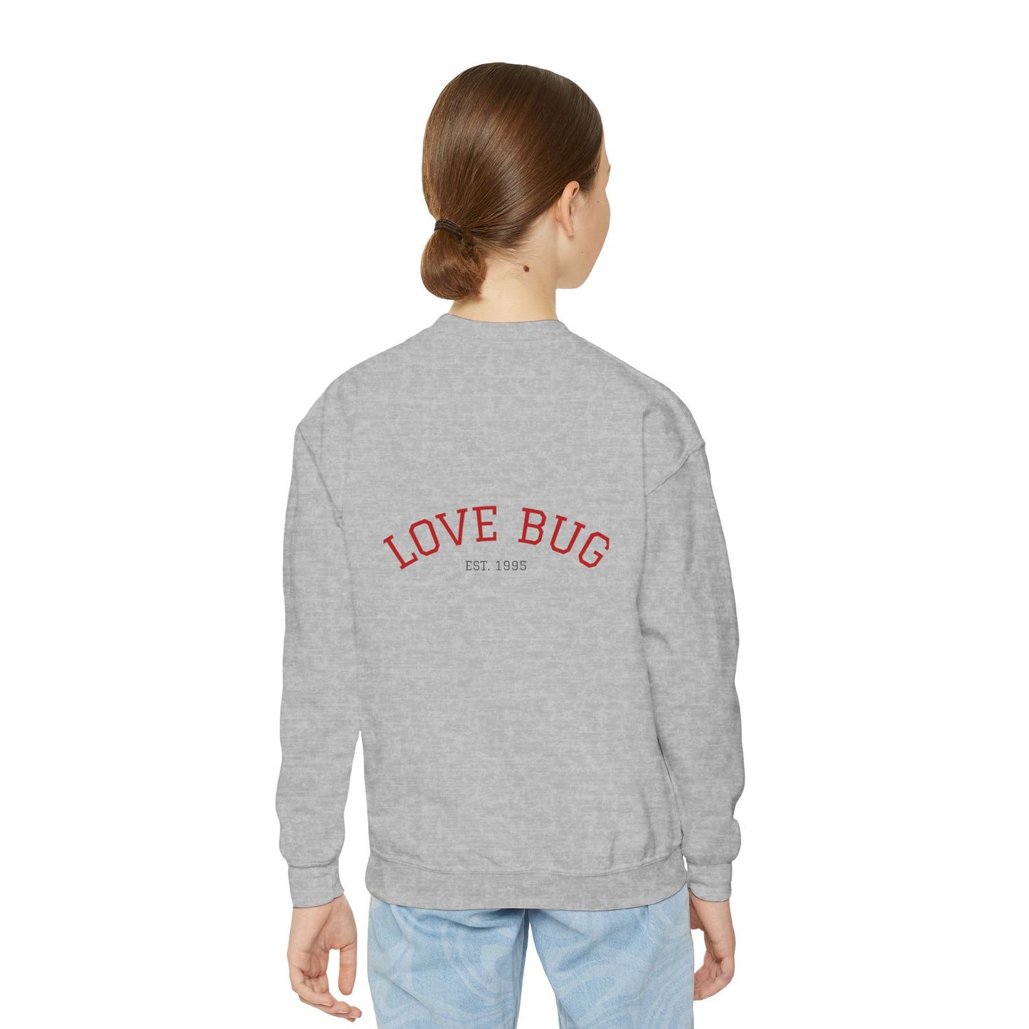 Youth Sweatshirt  Cute Girl with Heart Shower "Love Bug" Crewneck