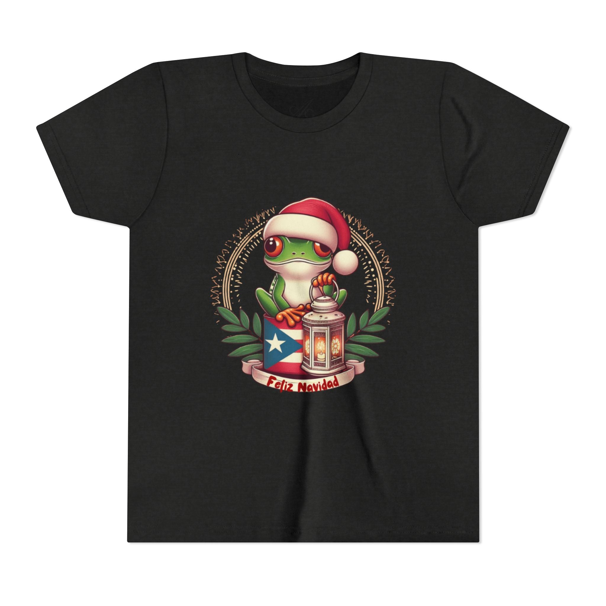 Kids Tee Cute Frog with Puerto Rican Flag & Lantern (Feliz Navidad)