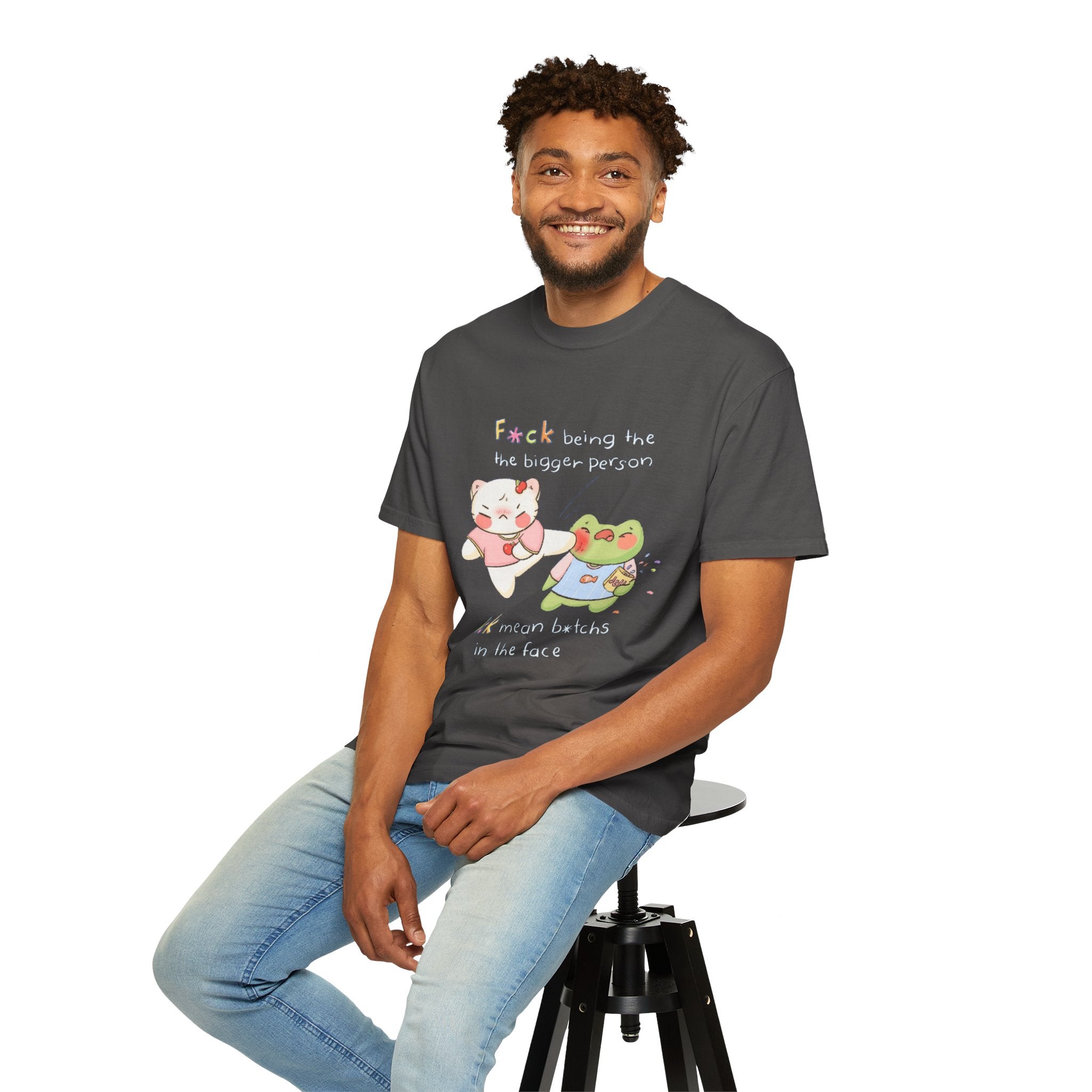 Graphic T-Shirt  Cute Kicking Cat & Frog with 'F*ck Being The Bigger Person' Slogan