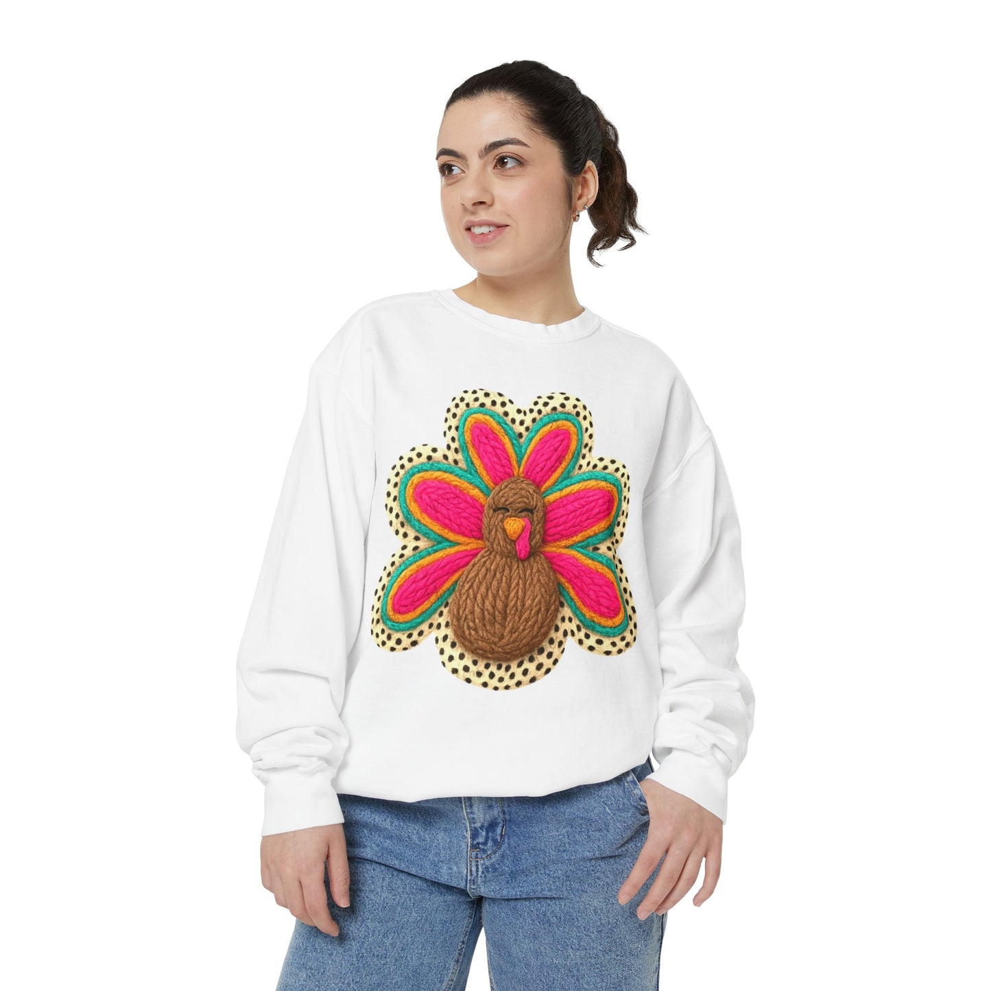 Festive Holiday Designs Turkey Patch Sweatshirt — Colorful Embroidered Thanksgiving Pullover