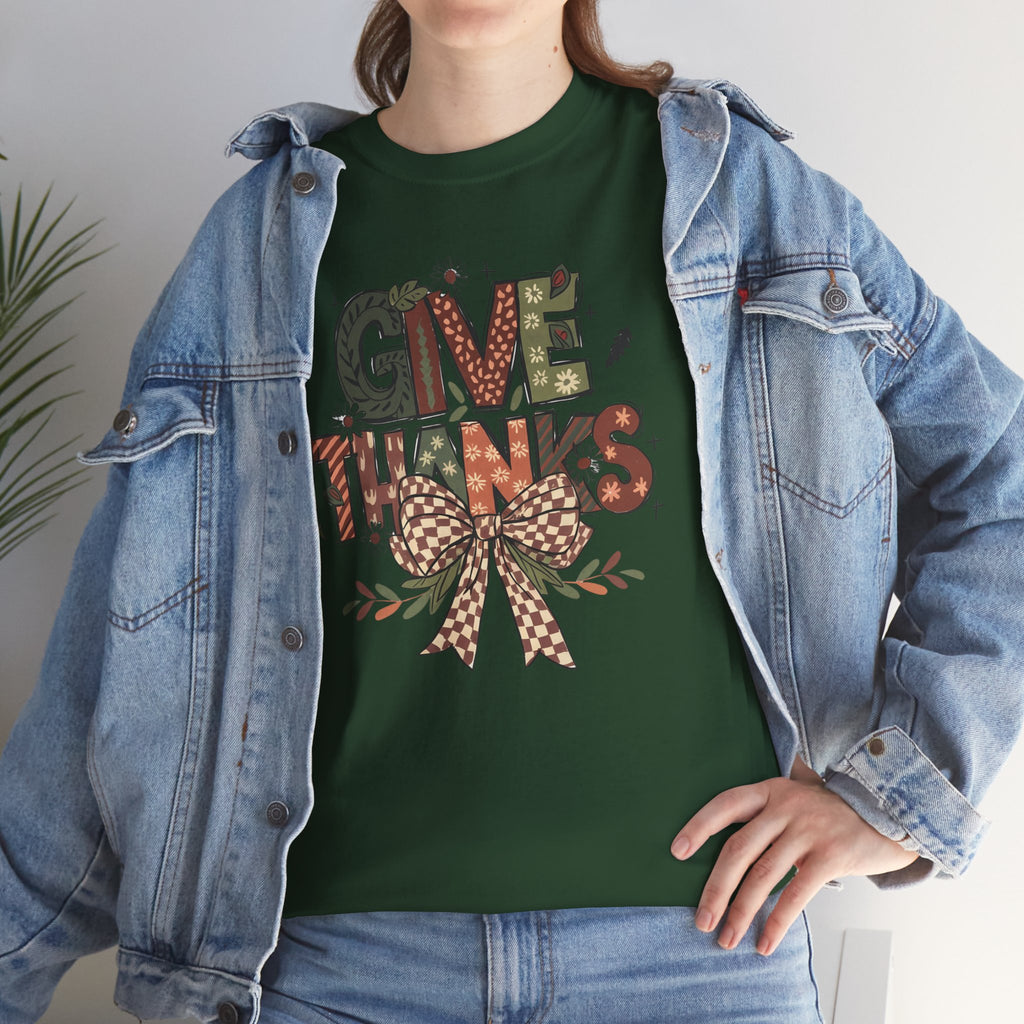 Give Thanks Tee Thanksgiving Graphic T-Shirt with Rustic Bow Design