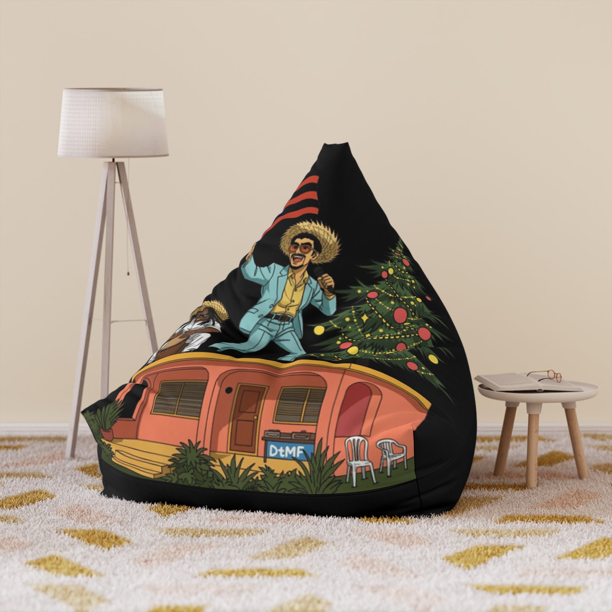 Puerto Rico Navidades Benito Bean Bag Chair Cover  Retro Camper Vibes Graphic (Man in Straw Hat, Palm Trees & Trailer)