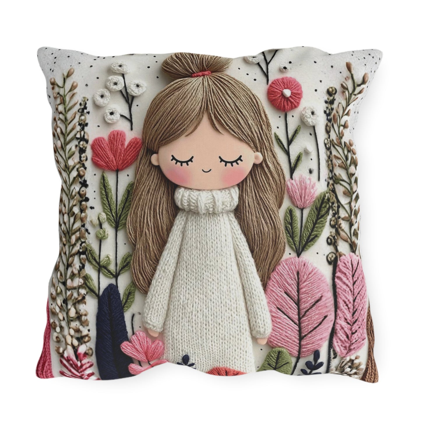 Cute Girl Floral Outdoor Pillow — Whimsical Garden Accent Cushion