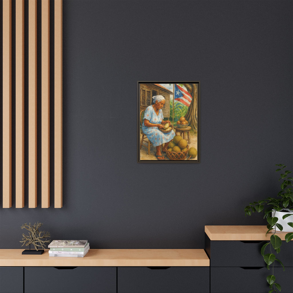 Cultural & Story-Driven These Puerto Rico inspired  Framed Matte Canvas Print  Woman Shelling Fruit Vintage Tropical Painting