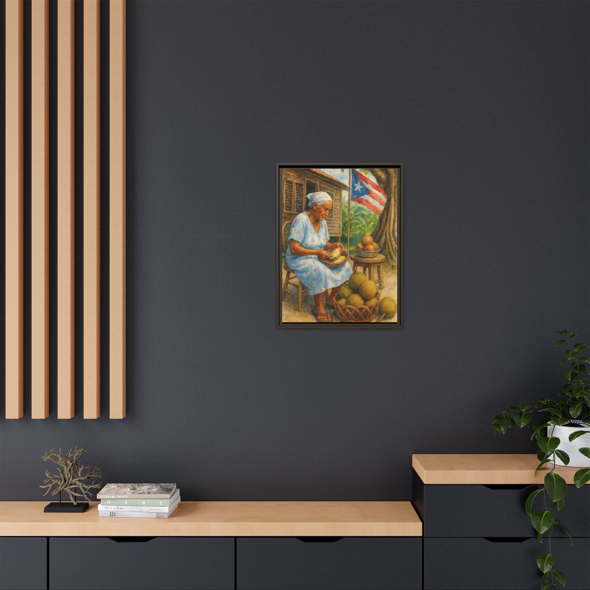 Cultural & Story-Driven These Puerto Rico inspired  Framed Matte Canvas Print  Woman Shelling Fruit Vintage Tropical Painting