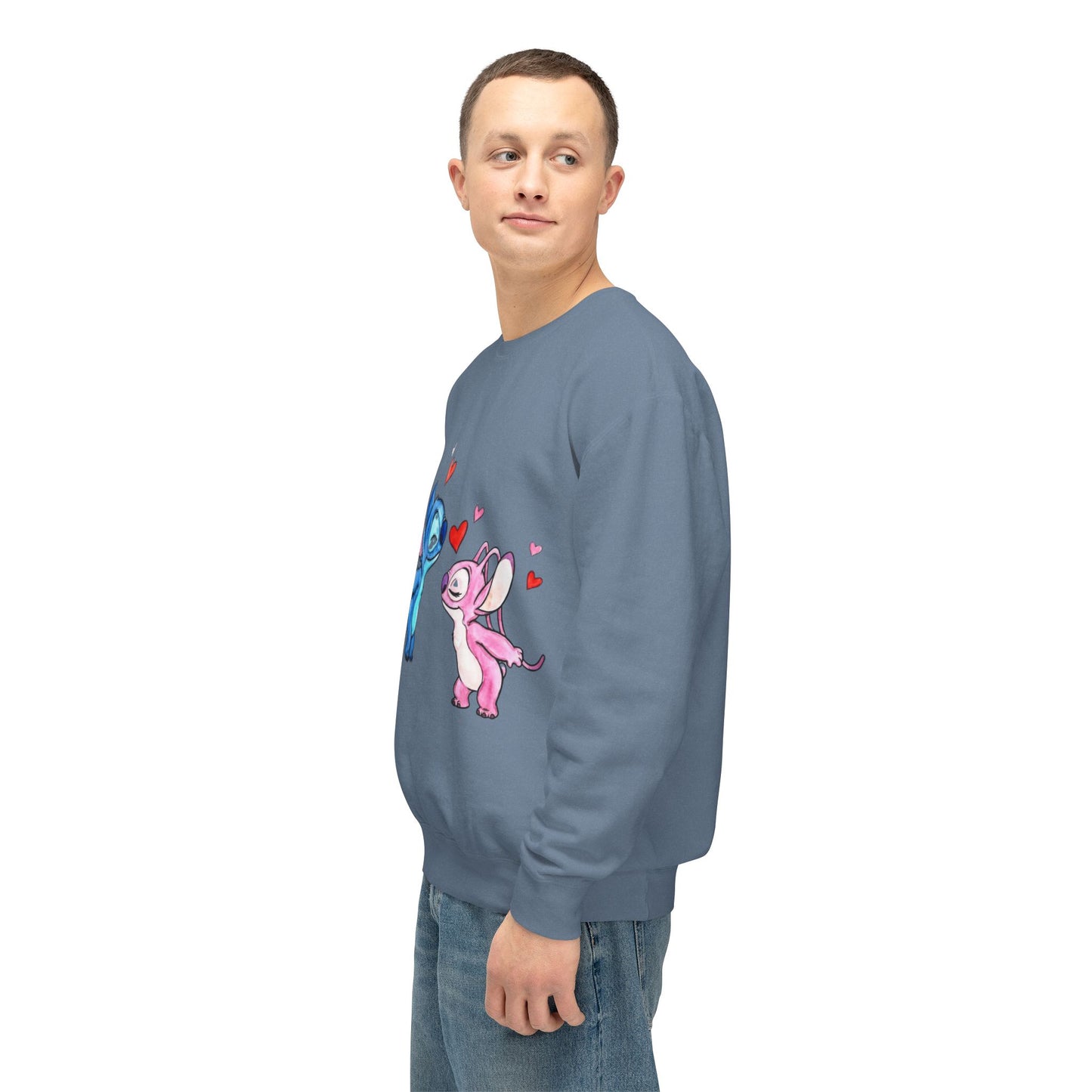 Cute Stitch Valentine Sweatshirt — Blue & Pink Love Characters with Hearts