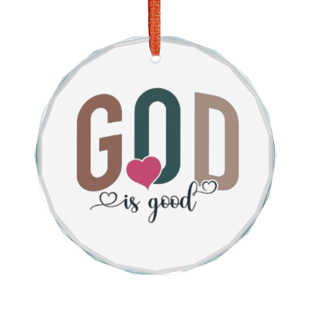 Crystal Heart Ornament — “God Is Good” Religious Glass Ornament (Heart with Pink Heart Accent)
