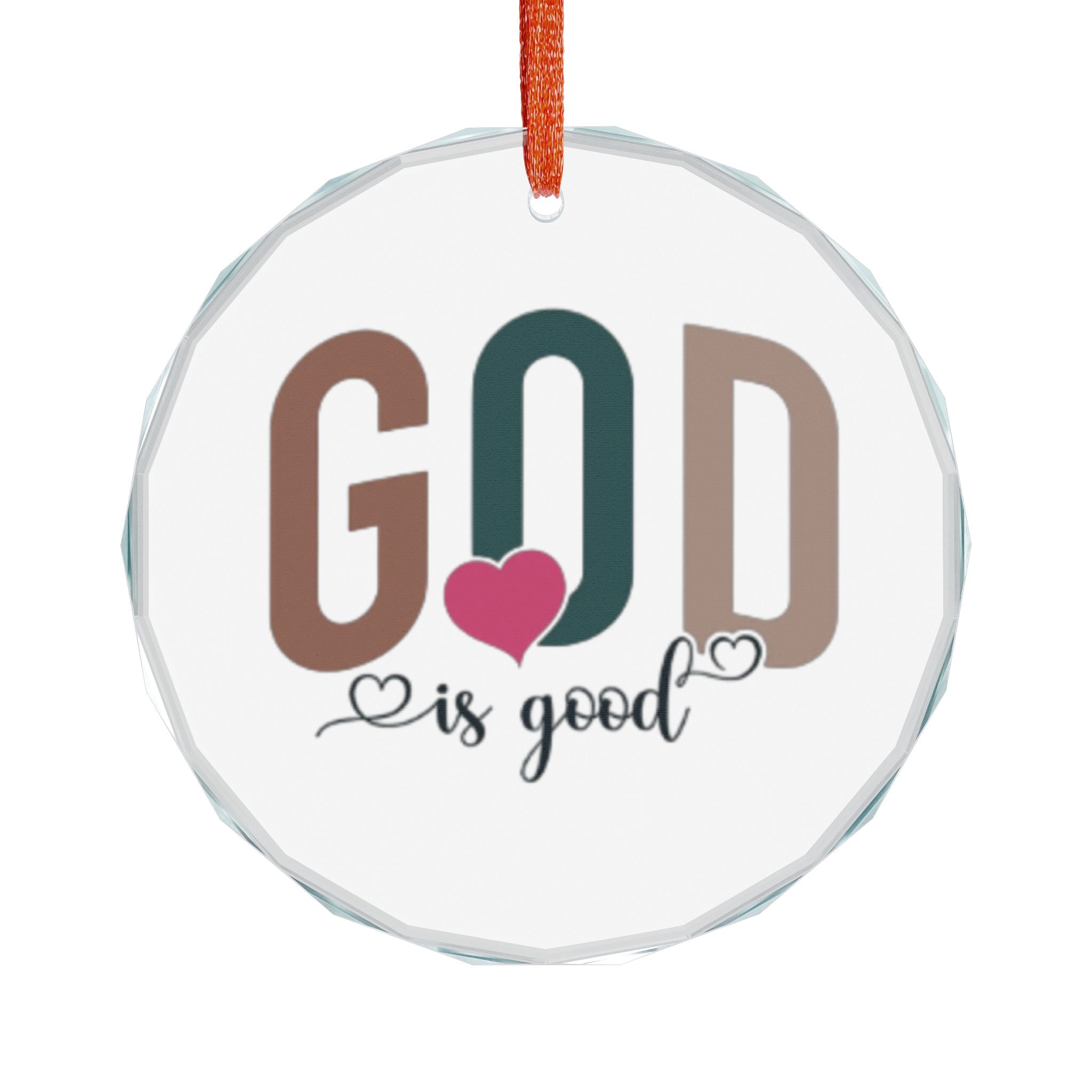 Crystal Heart Ornament — “God Is Good” Religious Glass Ornament (Heart with Pink Heart Accent)