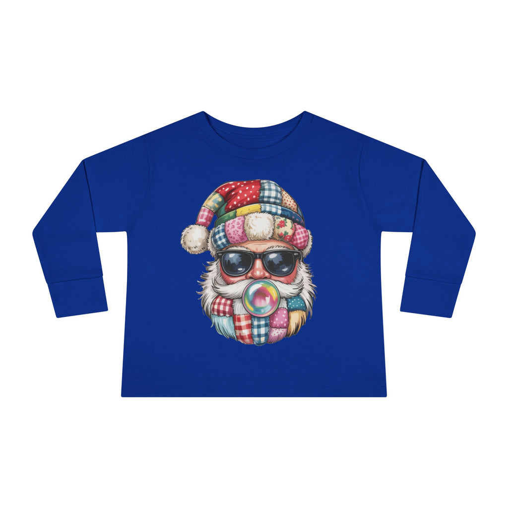 Toddler Long Sleeve Tee  Cool Santa with Patchwork Hat & Bubblegum Graphic