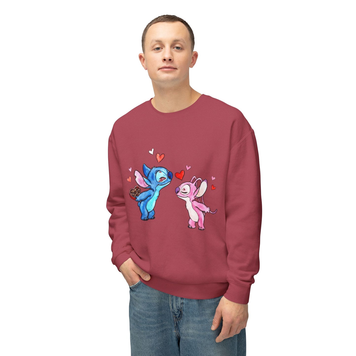Cute Stitch Valentine Sweatshirt — Blue & Pink Love Characters with Hearts