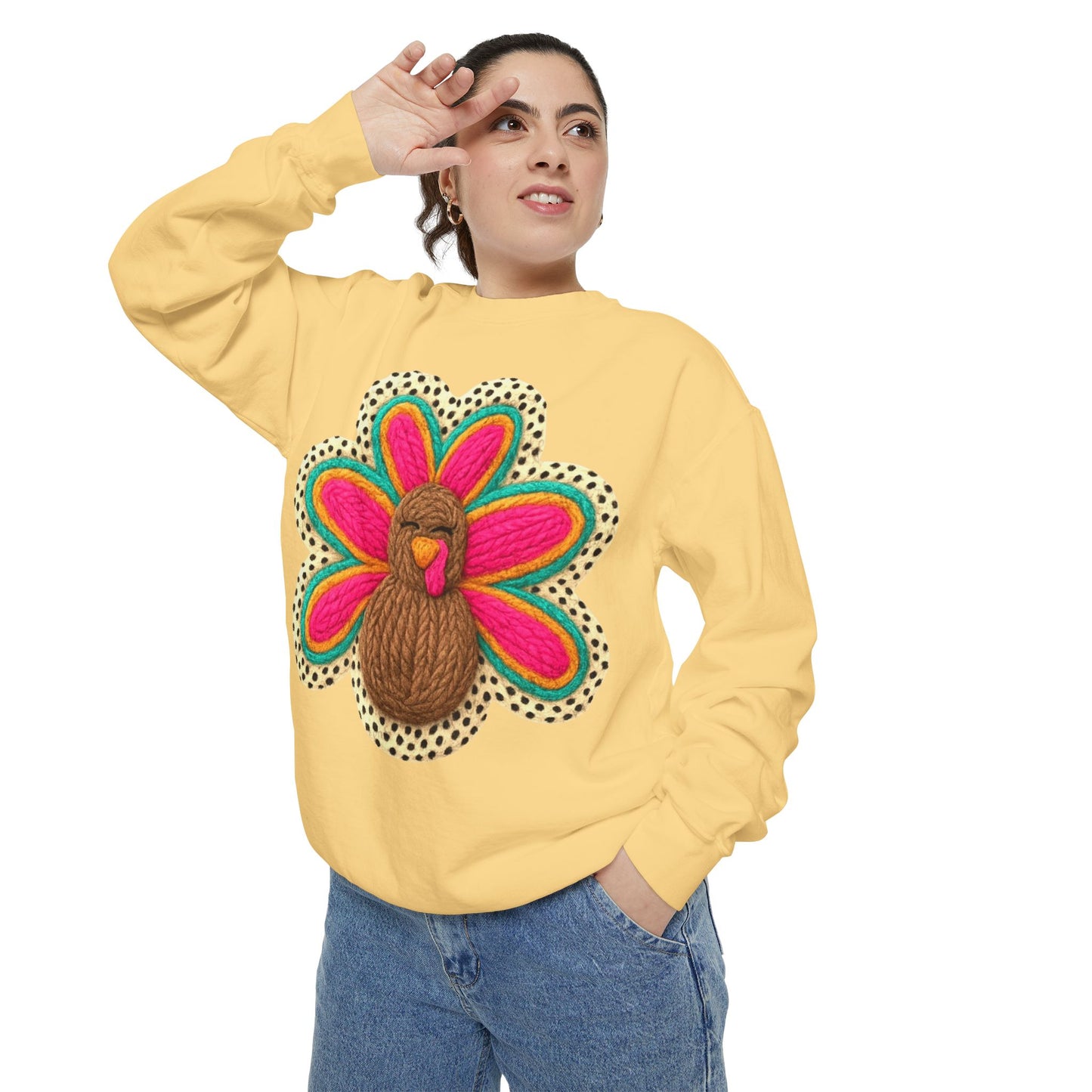 Festive Holiday Designs Turkey Patch Sweatshirt — Colorful Embroidered Thanksgiving Pullover