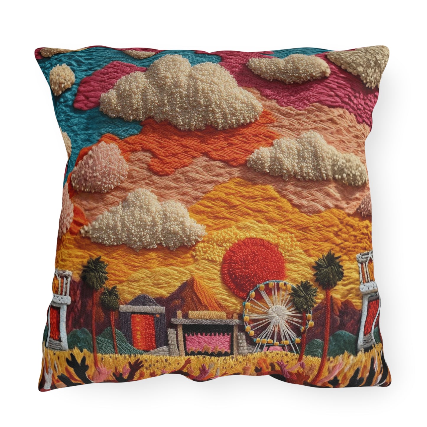 Retro Festival Outdoor Pillow — Sunset Carnival Embroidered Design