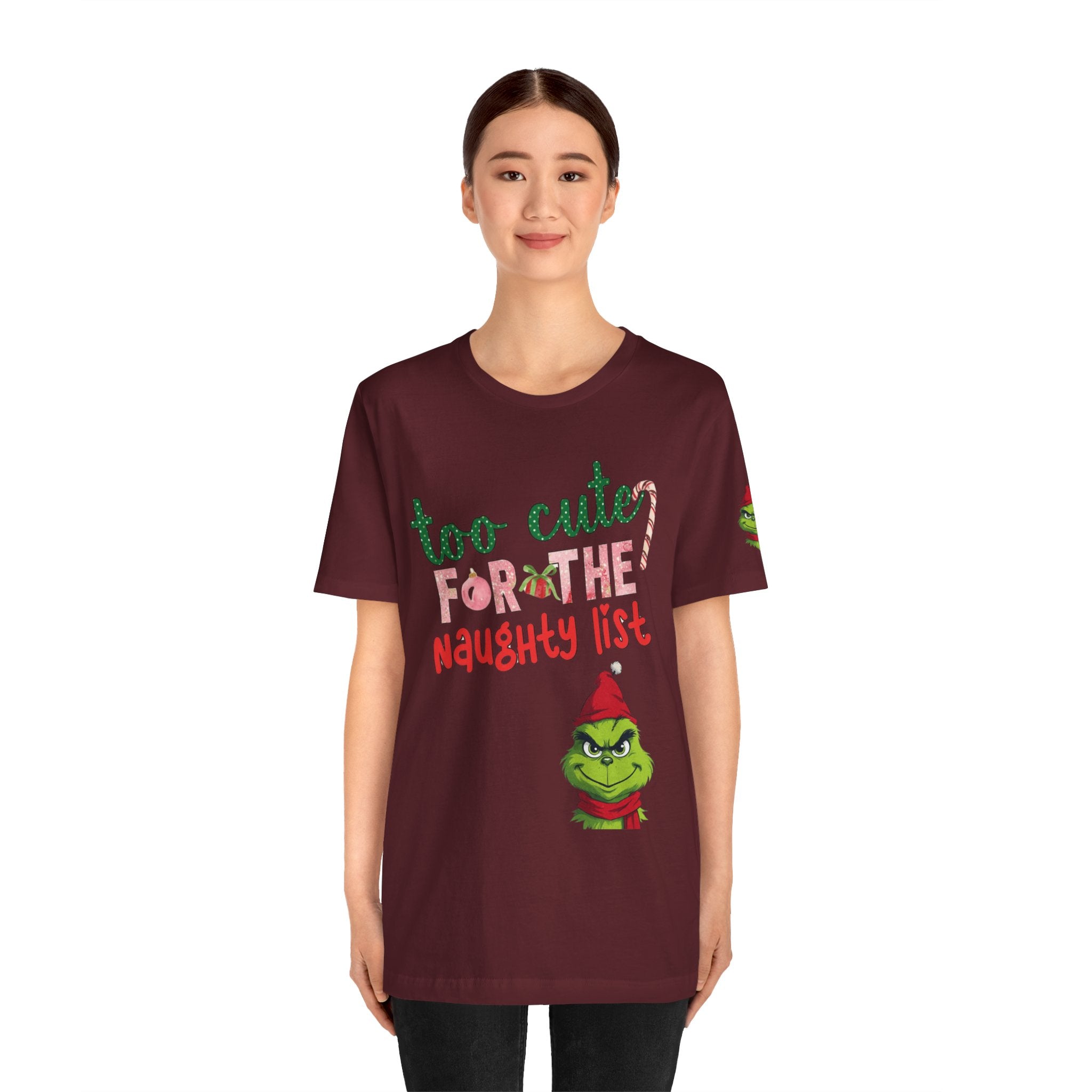 Christmas T-Shirts and Sweatshirts Collection Cute Grinch Holiday Tee 'Too Cute for the Naughty List' Unisex Jersey T-Shirt