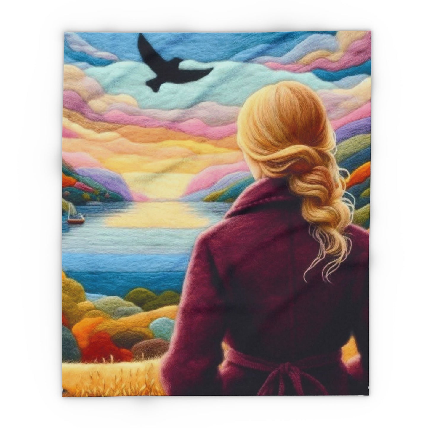 Scenic Girl Fleece Blanket — Cozy Sunset Landscape Throw